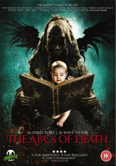 Movie poster for 'The ABCs of Death' with a dark, eerie atmosphere.