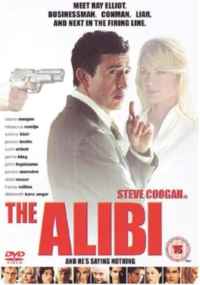 Movie poster for 'The Alibi' featuring Steve Coogan and a woman with a gun.