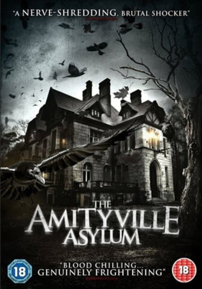 Movie poster for 'The Amityville Asylum' with a haunted house and flying birds.