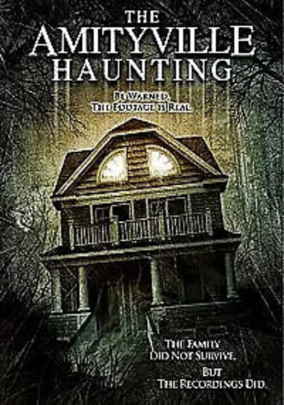 Movie poster for 'The Amityville Haunting' with a dark house and text.