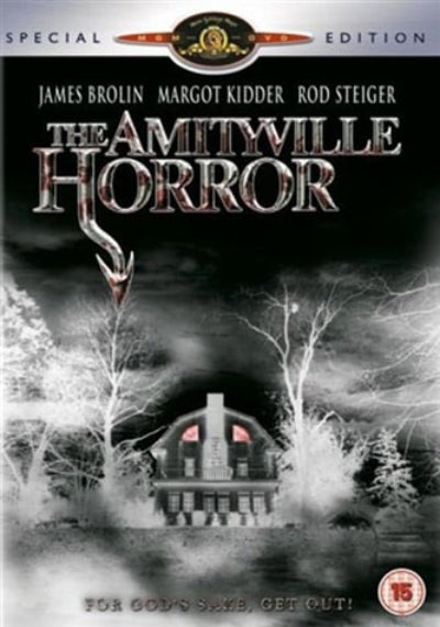 DVD cover of 'The Amityville Horror' with a house and trees in the background.