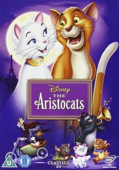 Poster of 'The Aristocats' with animated cats and Disney logo on a purple background.