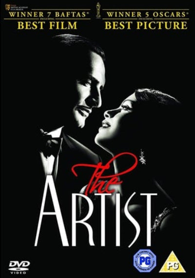 DVD cover of 'The Artist' with black and white image of a man and woman, and award text.