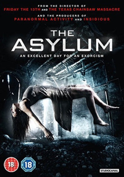 Movie poster for 'The Asylum' with a person being exorcised, dark and suspenseful atmosphere.