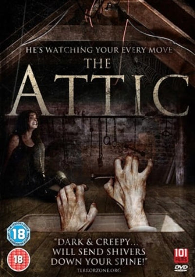 DVD cover of 'The Attic' with a suspenseful scene and text about dark and creepy content.