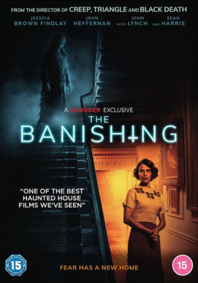 Movie poster for 'The Banishing' with a woman in a room and a staircase.