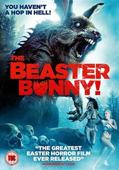 Movie poster for 'The Beaster Bunny!' with a creature and two people running, featuring text about the film's theme and release.