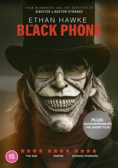 Movie poster for 'The Black Phone' featuring a person wearing a mask and hat.