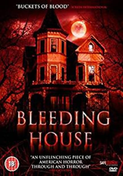 DVD cover of 'The Bleeding House' with a haunted house and red moon.
