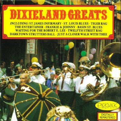 Album cover for 'Dixieland Greats' featuring a parade with band members and spectators.