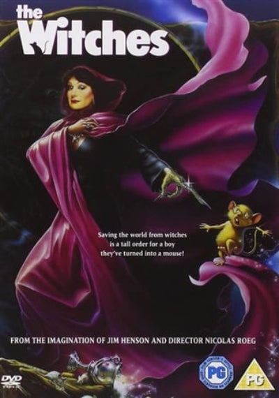 Movie poster for 'The Witches' featuring a witch in a purple robe with a mouse and cat.