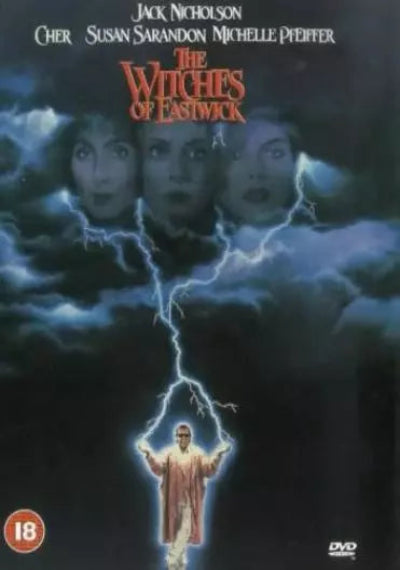Movie poster for 'The Witches of Eastwick' with characters and lightning effect.
