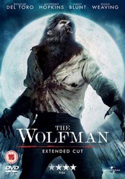 Movie poster for 'The Wolfman' with a werewolf in front of a moon.