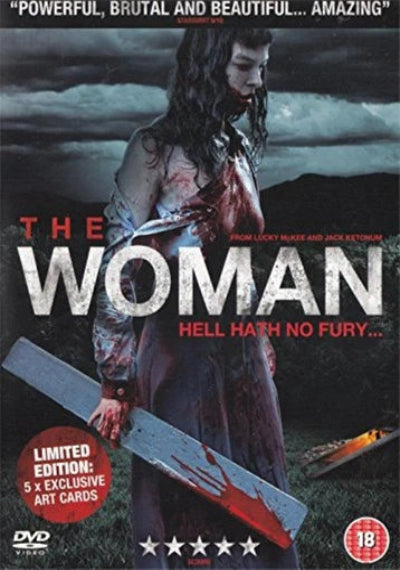 DVD cover of 'The Woman' with a woman holding a knife and text on a dark background