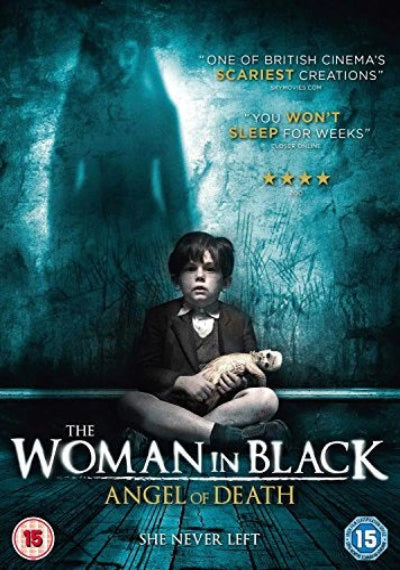 Movie poster for 'The Woman in Black: Angel of Death' with a young boy holding a doll against a dark background.