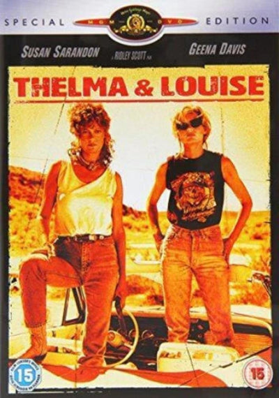 Movie poster for 'Thelma & Louise' featuring two women standing next to a car.