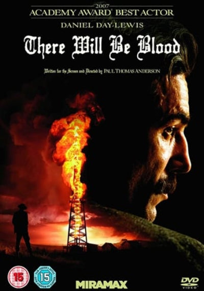 Movie poster for 'There Will Be Blood' featuring Daniel Day-Lewis and a fiery scene.