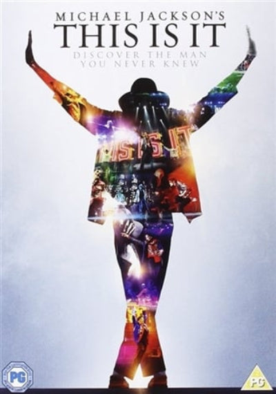 DVD cover of 'This Is It' featuring Michael Jackson with colorful jacket and open arms.