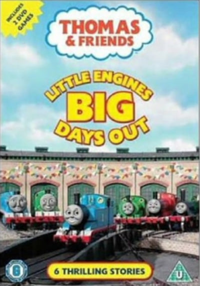 DVD cover of 'Thomas & Friends: Little Engines Big Days Out' with multiple toy trains on a station platform.