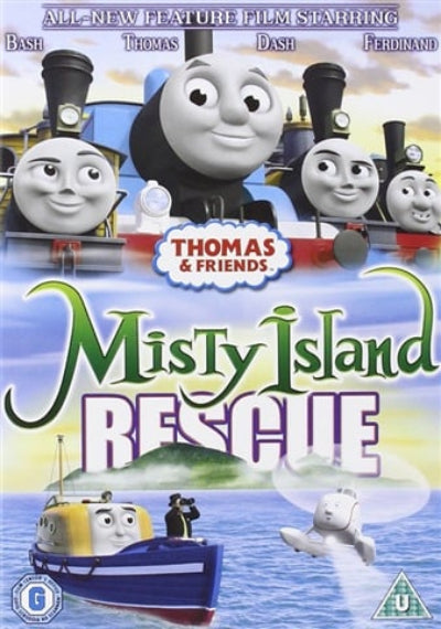DVD cover of 'Thomas & Friends: Misty Island Rescue' with animated trains and a boat on a scenic background.