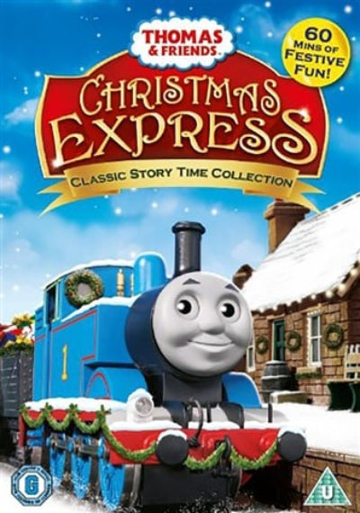 DVD cover of 'Thomas & Friends Christmas Express' with a blue train engine in a snowy scene.