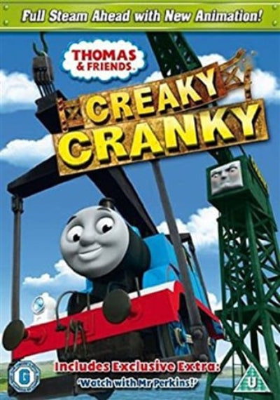 Promotional poster for 'Thomas & Friends: Creaky Cranky' with a cartoon train character and crane.