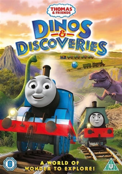 DVD cover of Thomas & Friends Dinos & Discoveries with trains and dinosaurs on a scenic background.