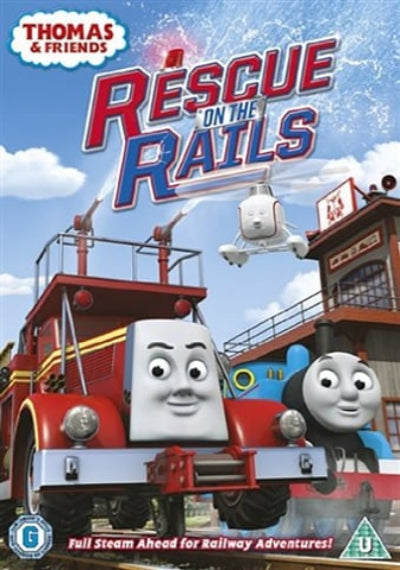 Cover of 'Thomas & Friends: Rescue on the Rails' with animated characters and helicopter.