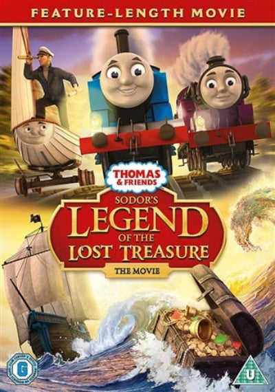DVD cover of 'Thomas & Friends: Sodor's Legend of the Lost Treasure' featuring animated trains and a treasure chest.