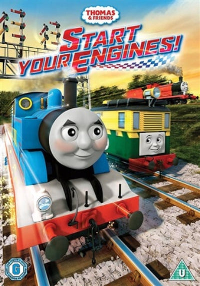 Cover of 'Thomas & Friends: Start Your Engines!' with animated trains on tracks.