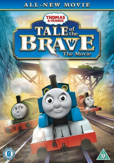 Movie poster for 'Thomas & Friends: Tale of the Brave' with animated trains on tracks.