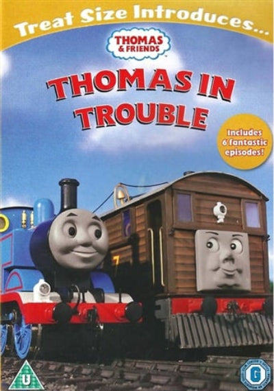 DVD cover of 'Thomas in Trouble' featuring Thomas the Tank Engine and a wooden engine.