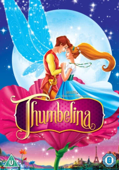 Poster of the movie 'Thumbelina' with two characters embracing under a moonlit sky.