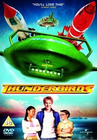 Thunderbirds DVD cover with green spacecraft, characters, and text on a blue background