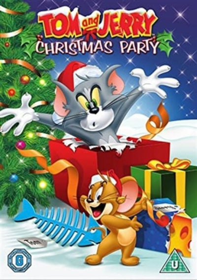 Cartoon characters Tom and Jerry celebrating Christmas with a tree and presents.