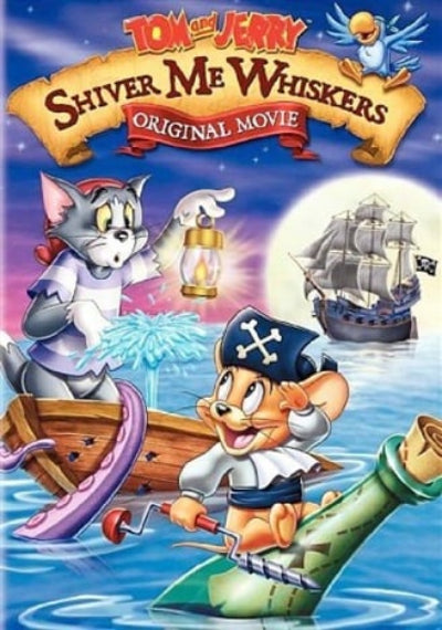 Tom sitting n a boat while Jerry floats on a bottle in the sea