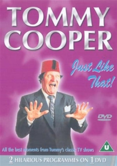 DVD cover of 'Tommy Cooper: Just Like That!' with a purple background and Tommy Cooper's image.