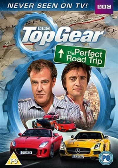 Promotional poster for BBC Top Gear featuring two men and two sports cars on a road trip theme.