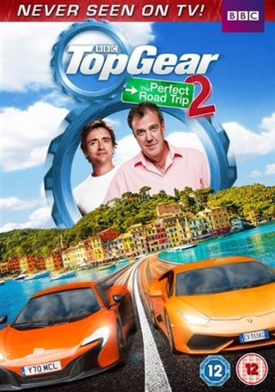 Promotional poster for 'Top Gear: The Perfect Road Trip 2' with two men and two orange cars on a scenic background.