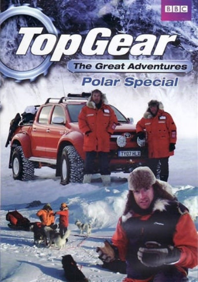 Top Gear Polar Special cover with people in orange jackets in a snowy landscape