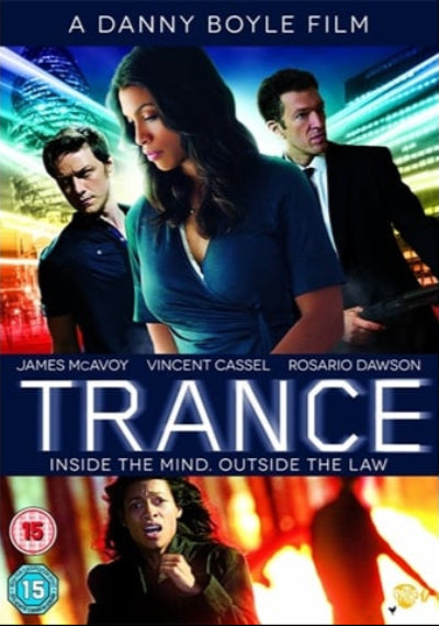 Movie poster for 'Trance' featuring three characters with a cityscape background