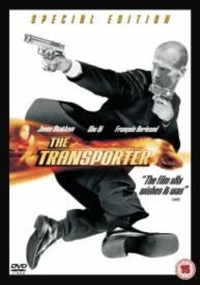 DVD cover of 'The Transporter' with a man in a suit holding a gun, on a black background.
