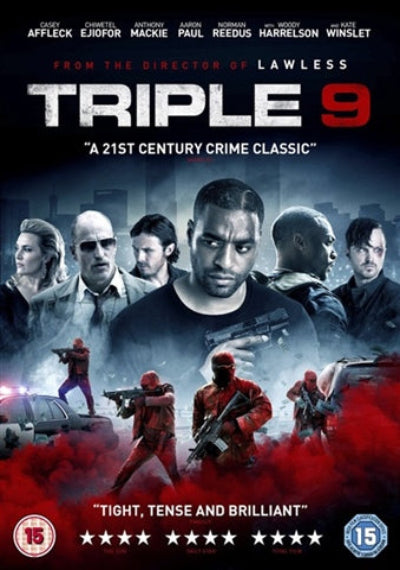 Movie poster for 'Triple 9' featuring characters and action elements.
