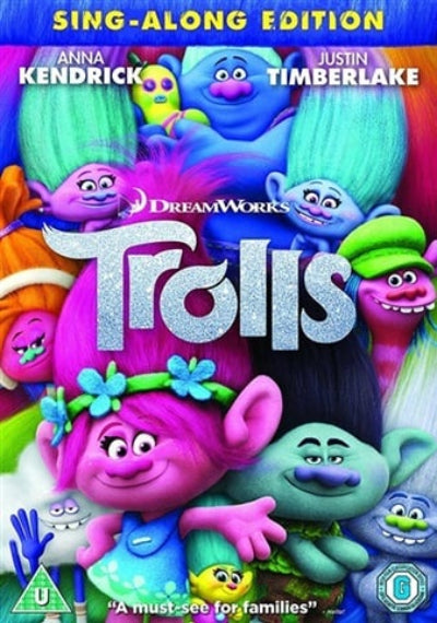 Promotional poster for 'Trolls' featuring colorful characters with DreamWorks branding.