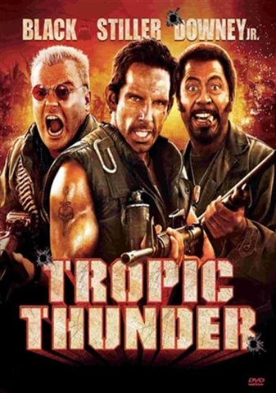 Movie poster for 'Tropic Thunder' featuring three men with weapons and the title text.