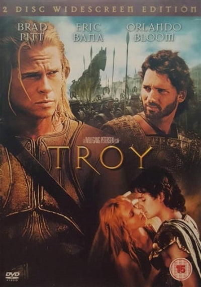 DVD  of 'Troy' featuring Brad Pitt, Eric Bana, and Orlando Bloom with a battle scene background.