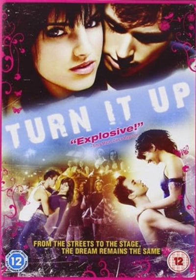 DVD cover of 'Turn It Up' with romantic scenes and text on a pink background