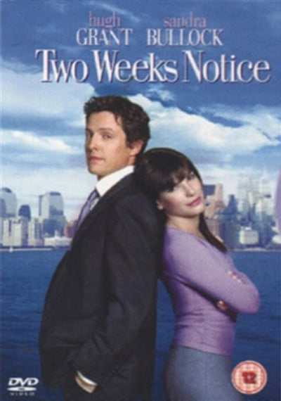 Movie poster for 'Two Weeks Notice' featuring Hugh Grant and Sandra Bullock with a cityscape background.