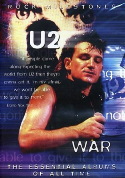 Promotional poster for U2's 'War' album with a stylized portrait of the band member and text.