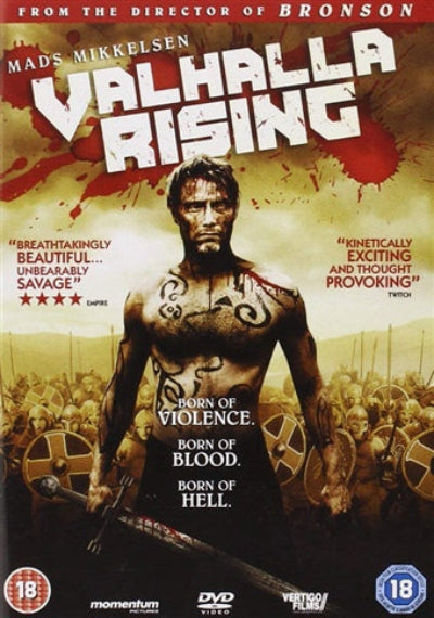 Movie poster for 'Valhalla Rising' featuring a warrior with tattoos and text about the film's rating and director.